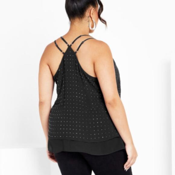 City Chic Studded Strappy Double Layer Chiffon Tank Black 16 - Picture 2 of 7